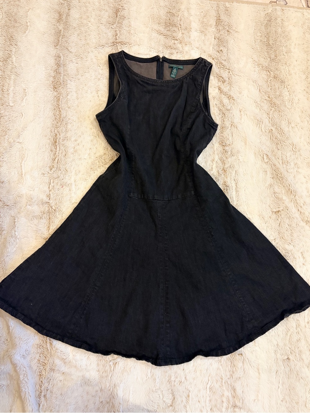 🖤 Vintage Y2K Ralph Lauren Black Denim Fit Flare Midi Dress Pockets High Neck